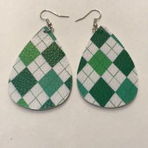 🆕Green/White Argyle Faux Leather Earrings